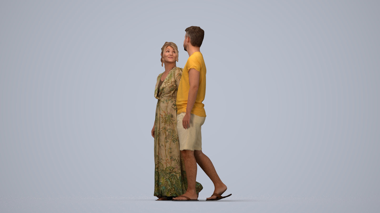 3D human model woman couple, photogrammetry scanned person for archviz, top-down view render