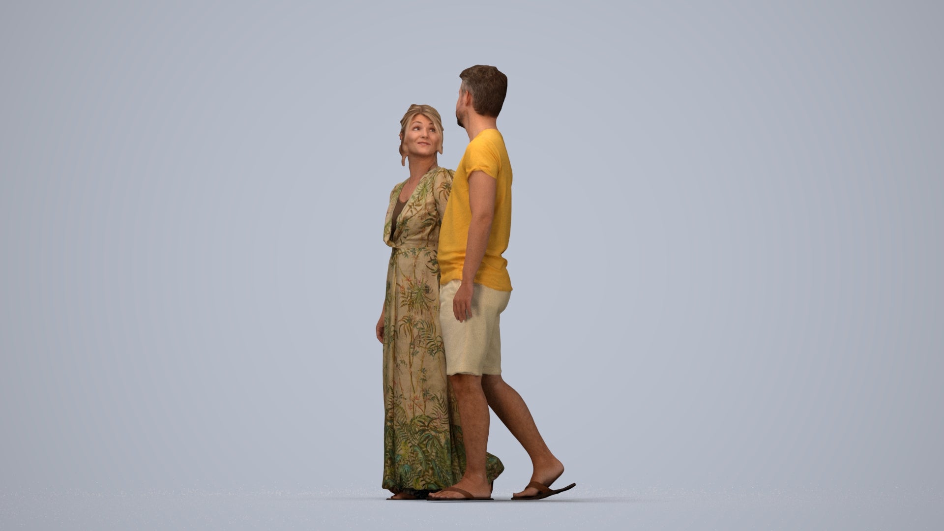 3D human model woman couple, photogrammetry scanned person for archviz, top-down view render