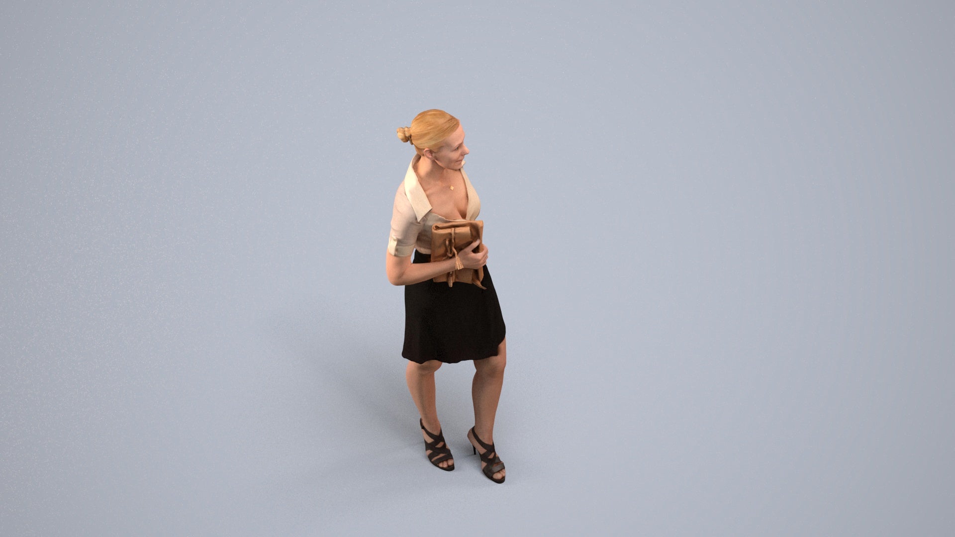 realistic 3D woman business standing, scanned archviz people for Blender and 3ds Max, back view render