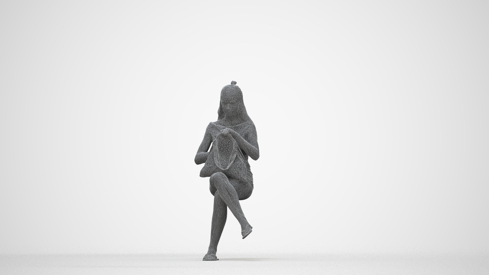 photogrammetry 3D girl casual sitting, realistic human model archviz FBX, wireframe back view