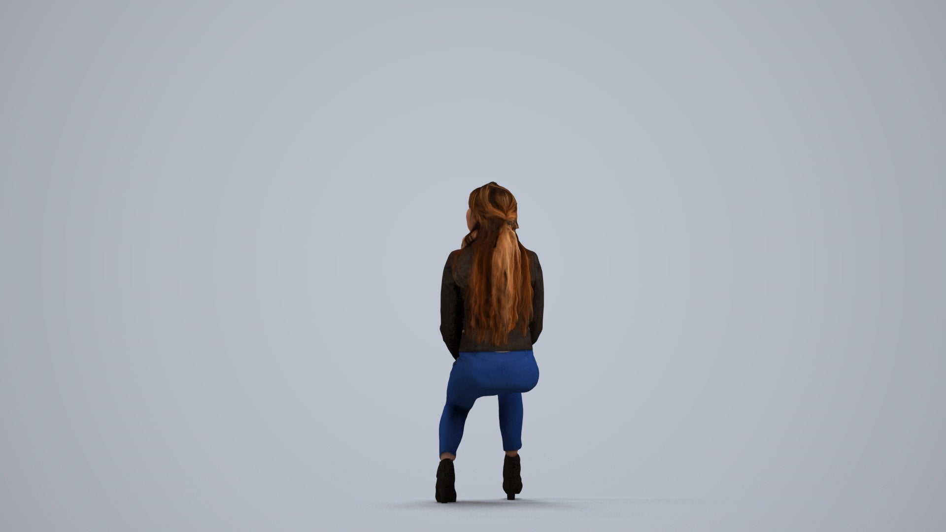 3D human model woman casual sitting, photogrammetry scanned person for archviz, front view render