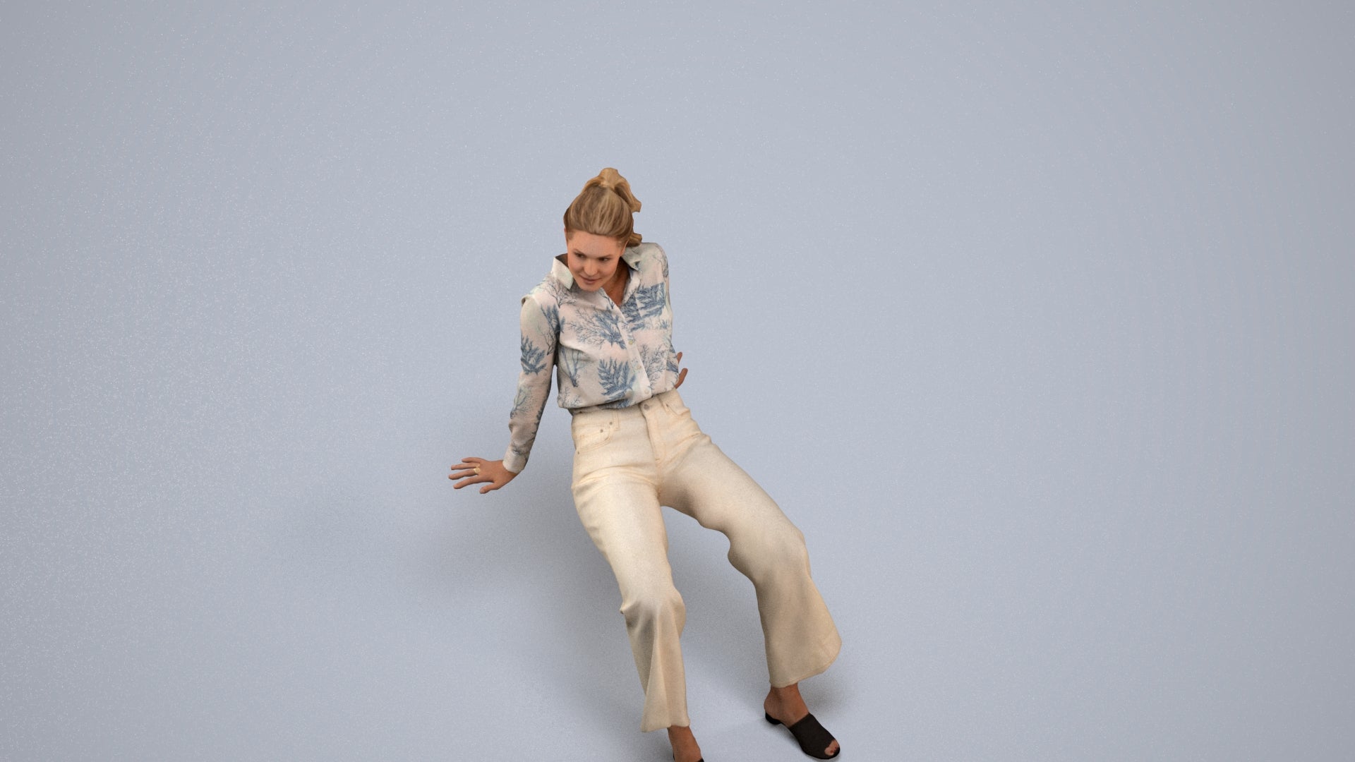 3D scanned woman sitting casual, photorealistic archviz people for Enscape and SketchUp, back view render