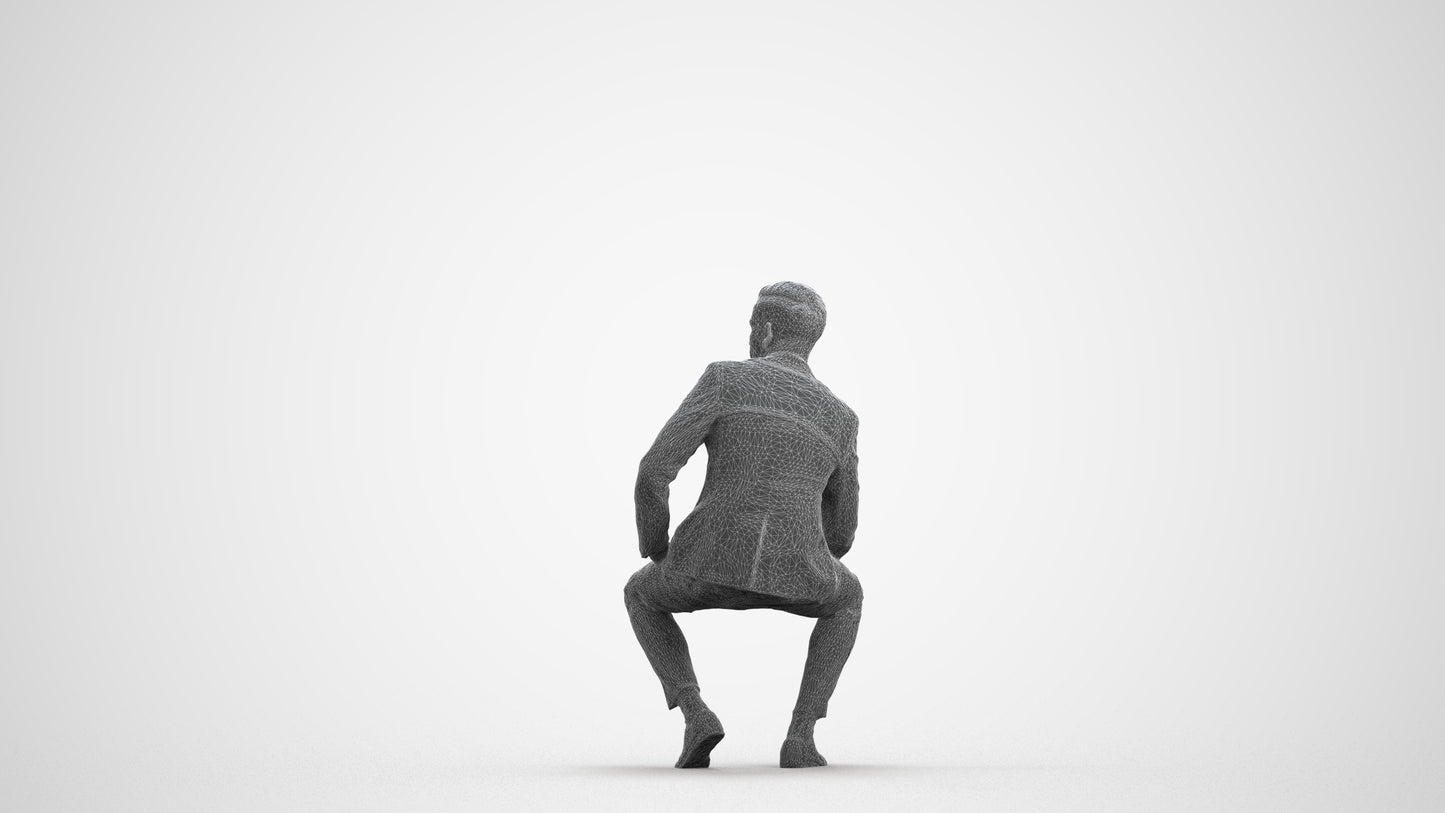 realistic 3D man formal sitting, scanned archviz people for Blender and 3ds Max, wireframe front view
