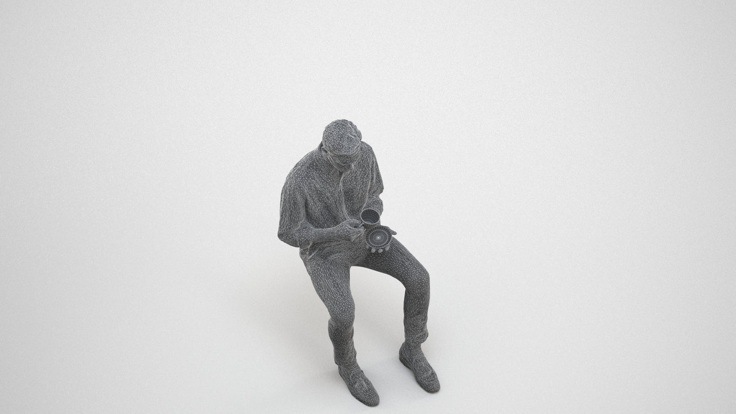 realistic 3D people man casual sitting, render-ready for V-Ray and Corona, FBX OBJ, wireframe three-quarter view