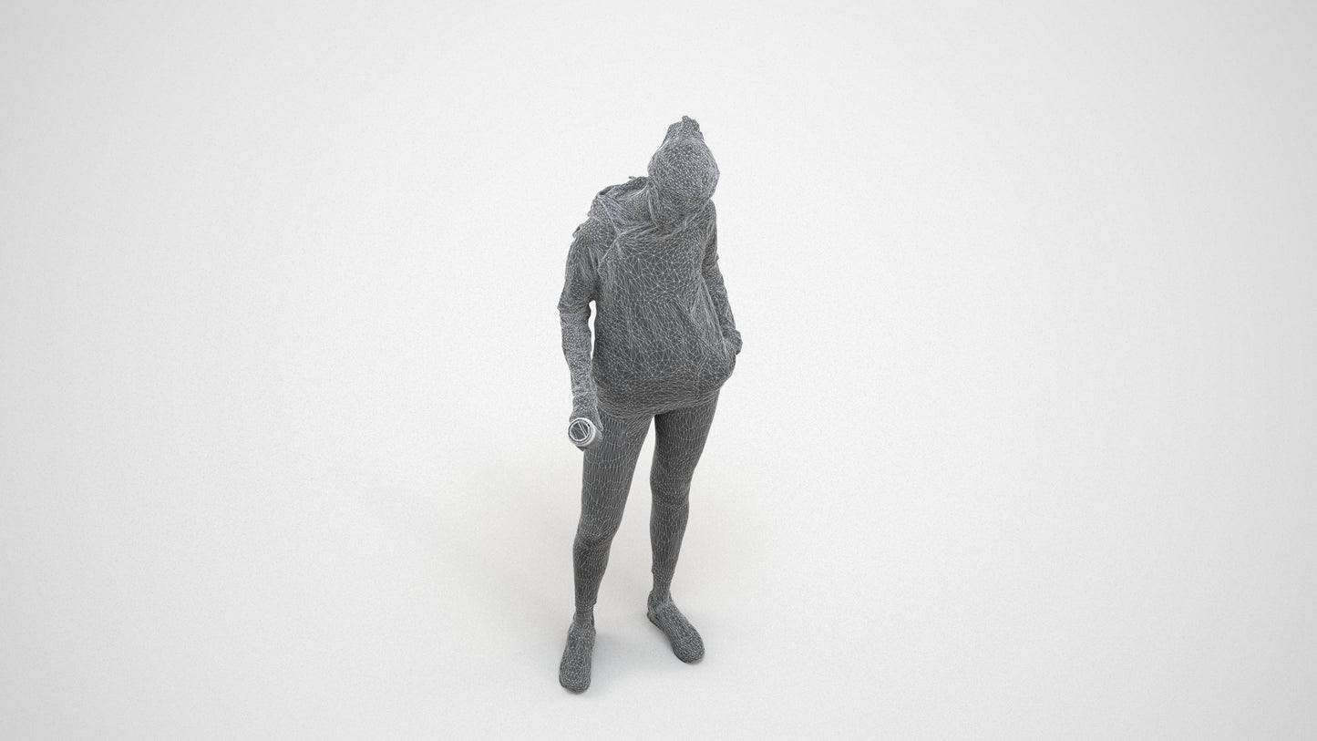 3D scanned woman standing sport, photorealistic archviz people for Enscape and SketchUp, wireframe three-quarter view
