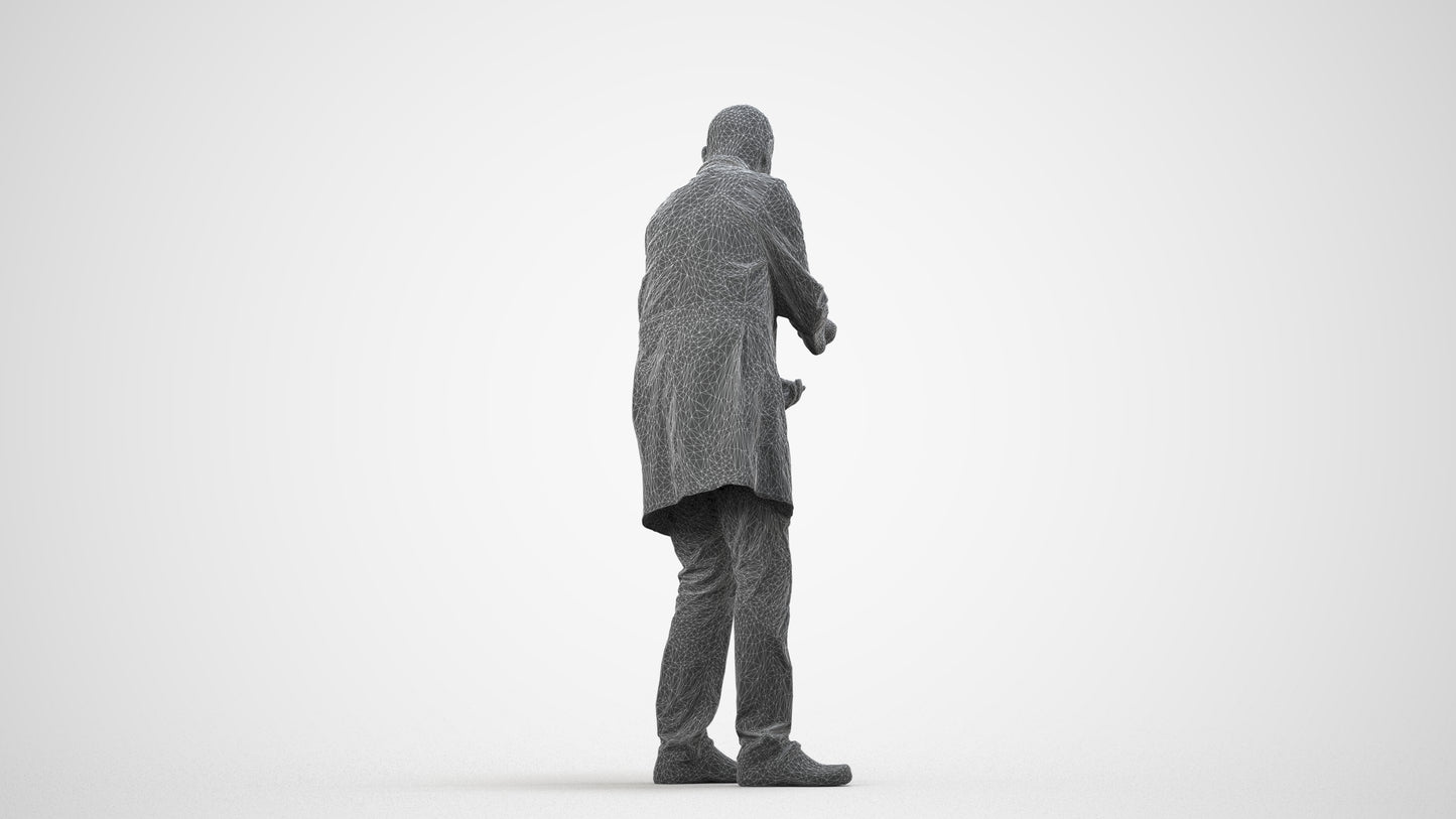 3D human model senior man medical, photogrammetry scanned person for archviz, wireframe side view