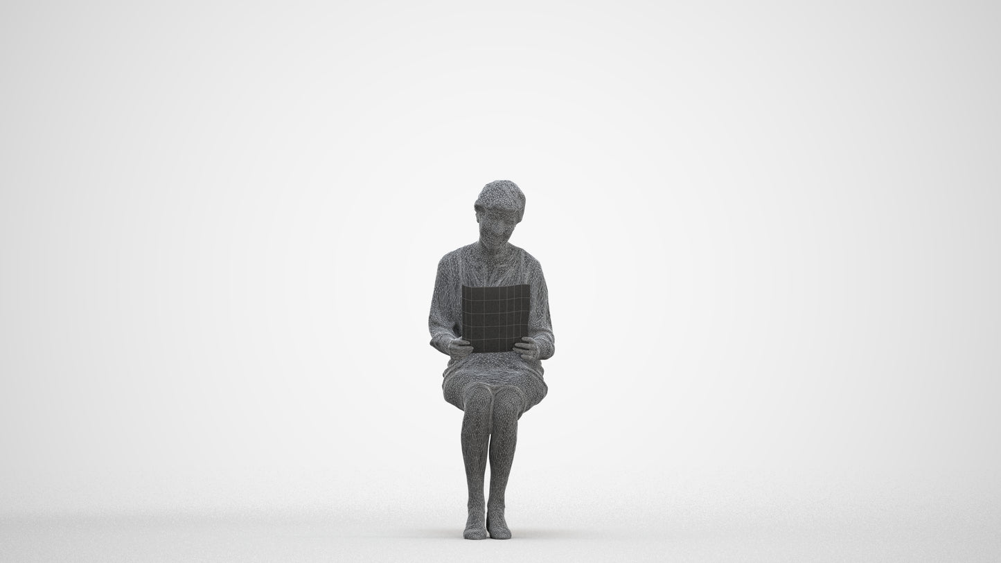 3D people model senior woman business sitting, scanned human for 3ds Max rendering, three-quarter front view render