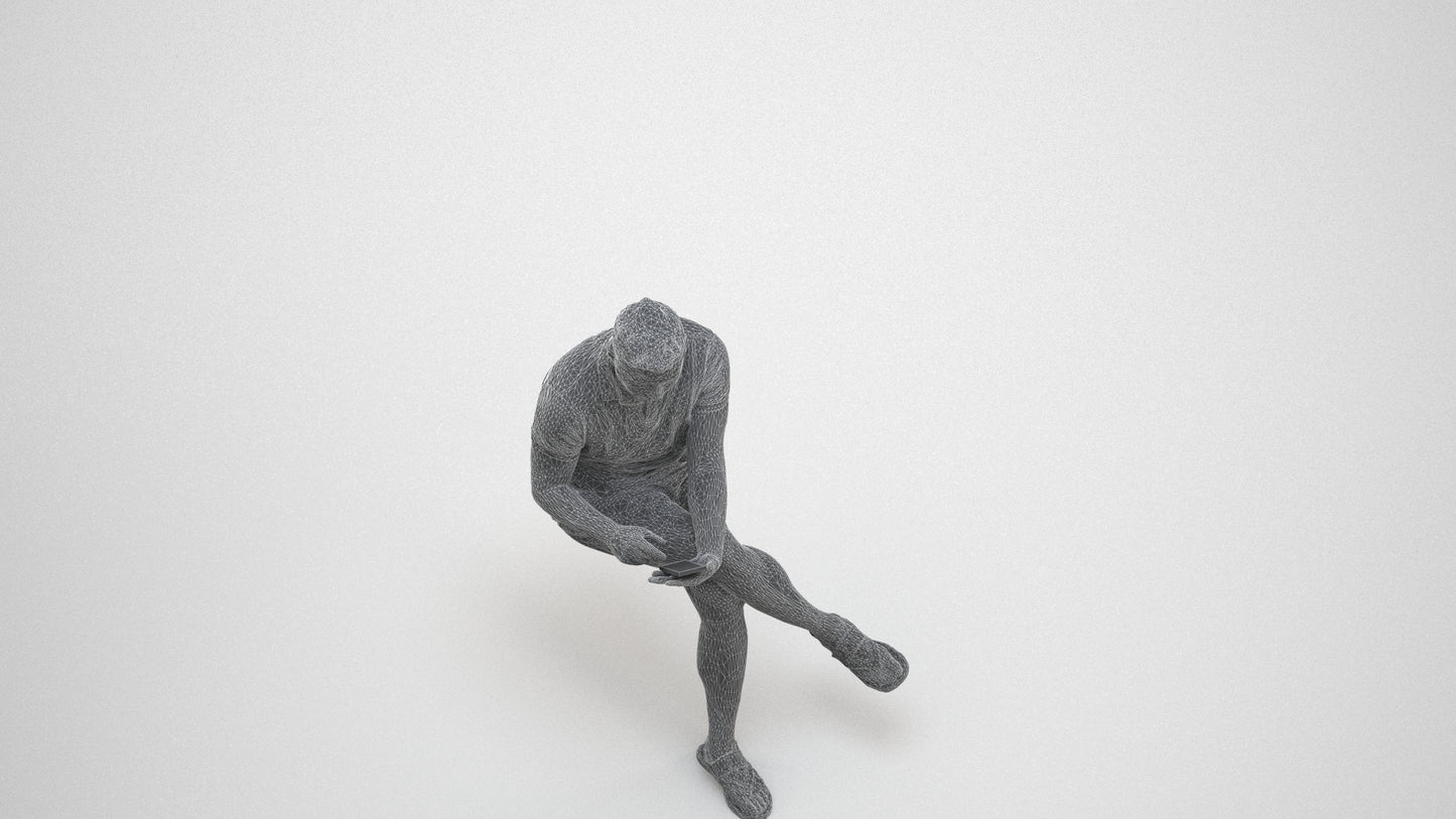 3D people model man casual sitting, scanned human for 3ds Max rendering, wireframe three-quarter view