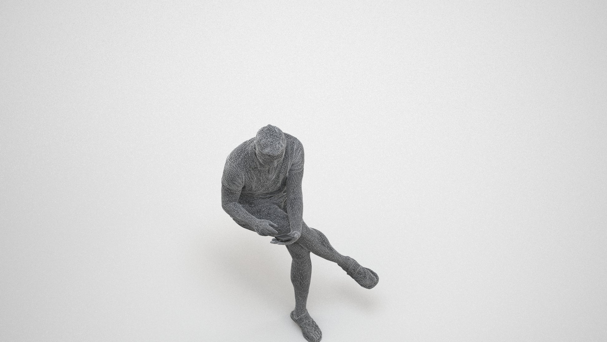 3D people model man casual sitting, scanned human for 3ds Max rendering, wireframe three-quarter view