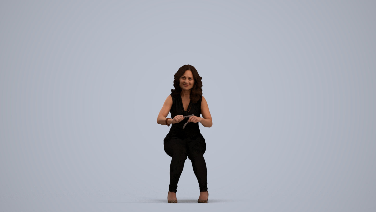 3D human model woman casual sitting, photogrammetry scanned person for archviz, standing pose render