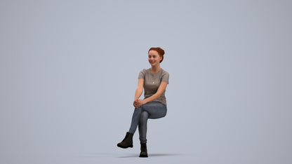 3D human model woman casual sitting, photogrammetry scanned person for archviz, standing pose render