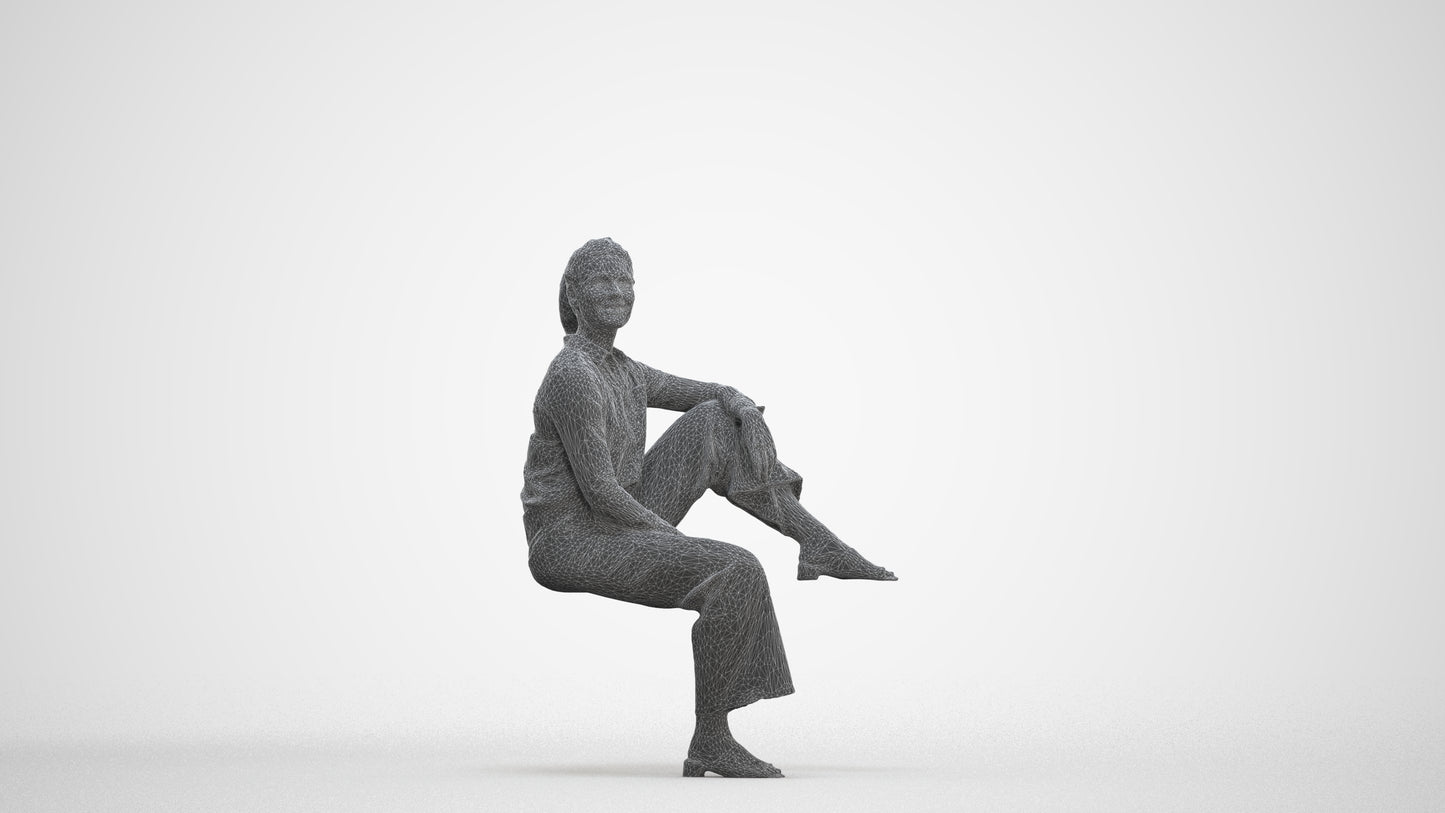 scanned 3D woman casual sitting, photogrammetry people for Enscape and V-Ray, three-quarter front view render