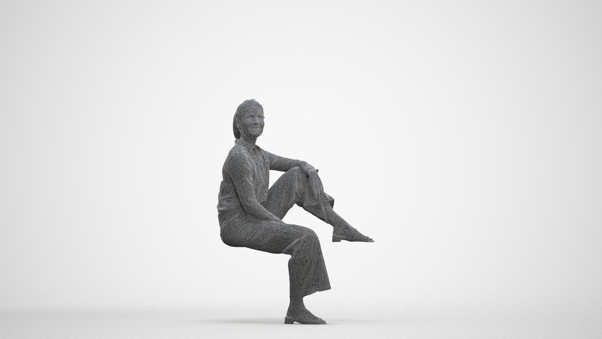 scanned 3D woman casual sitting, photogrammetry people for Enscape and V-Ray, three-quarter front view render