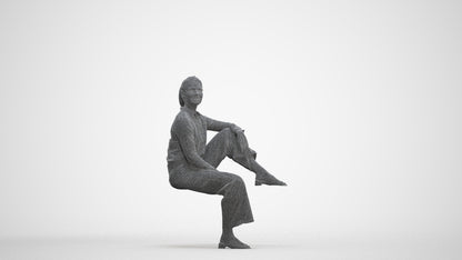 scanned 3D woman casual sitting, photogrammetry people for Enscape and V-Ray, three-quarter front view render