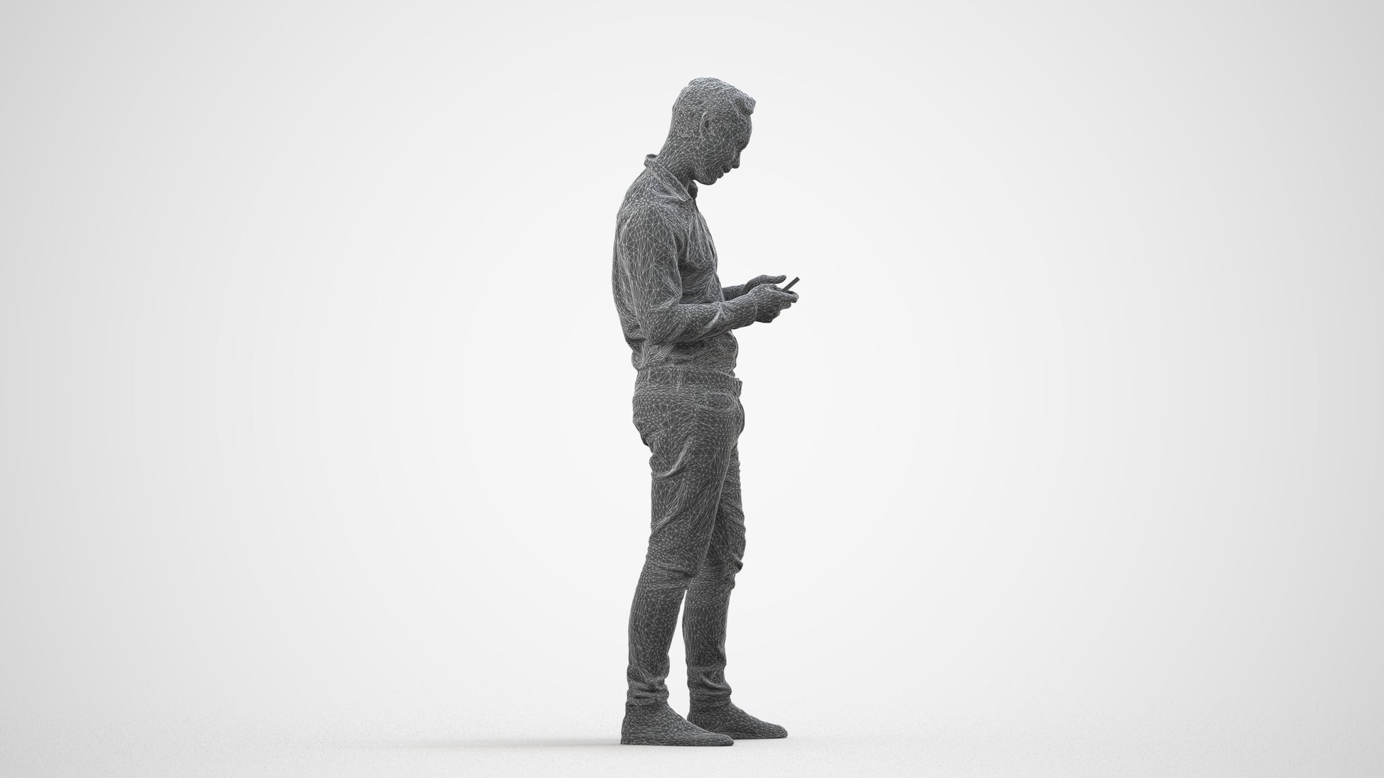 3D people model man casual standing, scanned human for 3ds Max rendering, wireframe side view