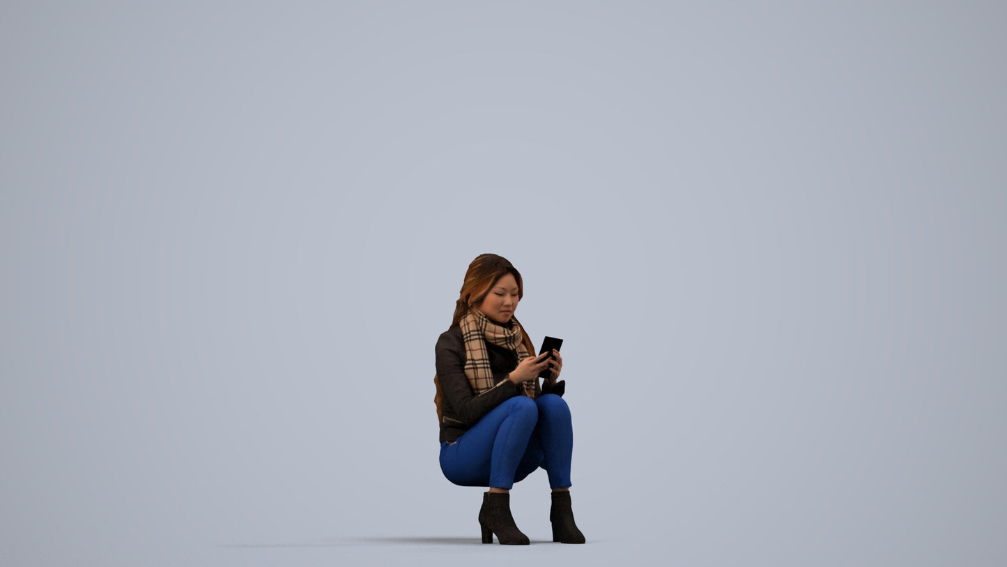 photogrammetry 3D woman casual sitting, realistic human model archviz FBX, side view render
