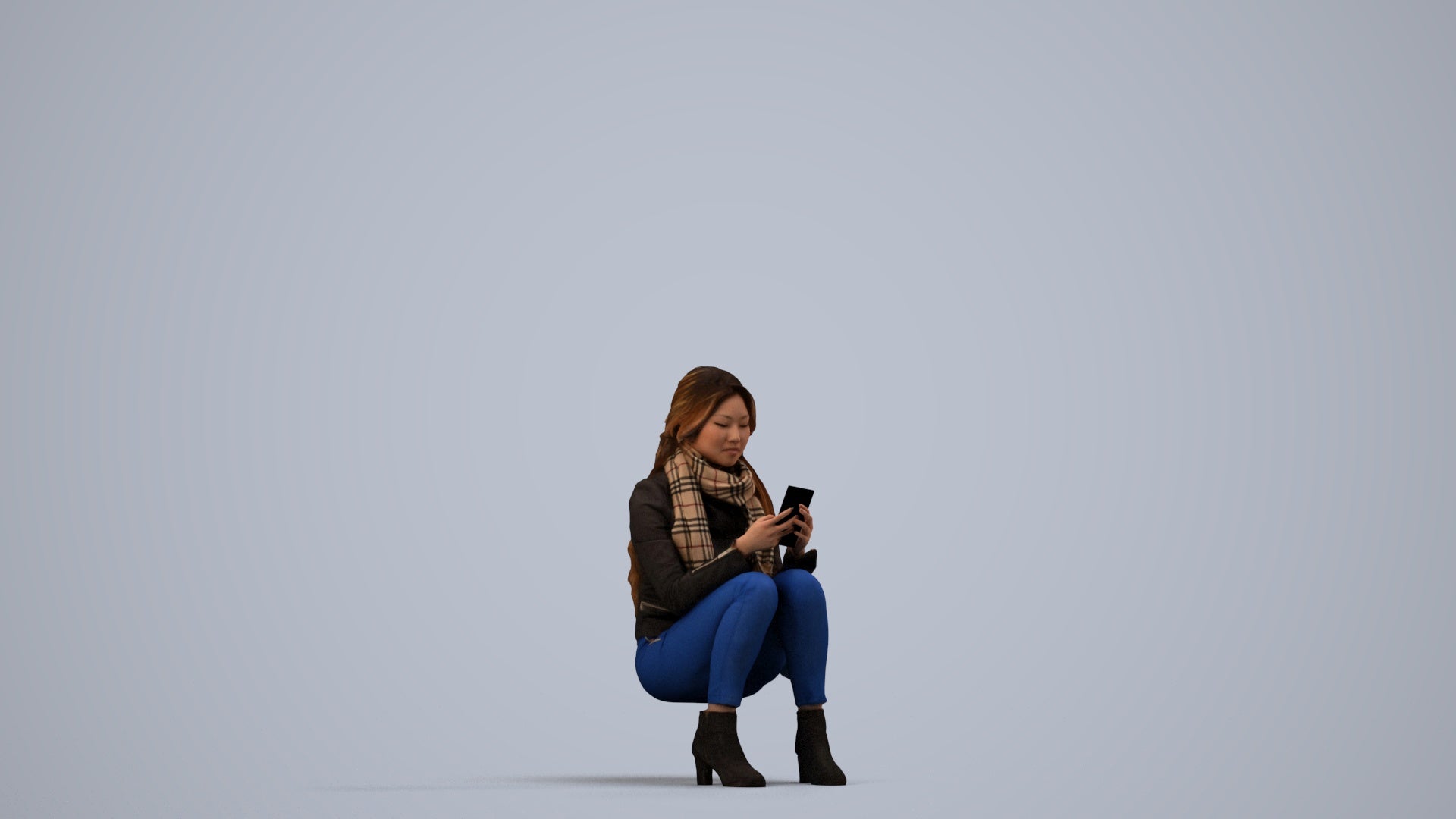 photogrammetry 3D woman casual sitting, realistic human model archviz FBX, side view render