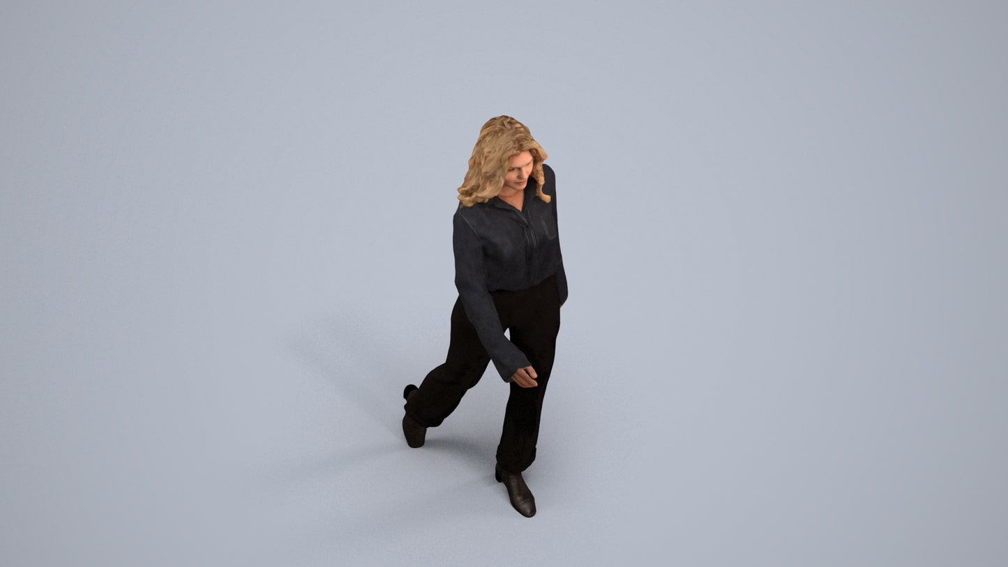 3D human model woman casual walking, photogrammetry scanned person for archviz, back view render