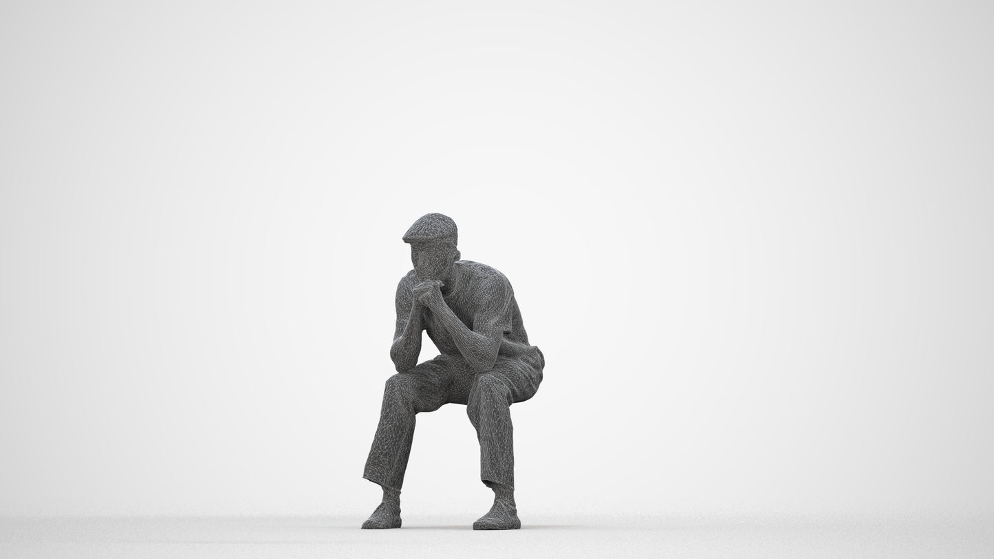 3D scanned man sitting casual, photorealistic archviz people for Enscape and SketchUp, wireframe back view