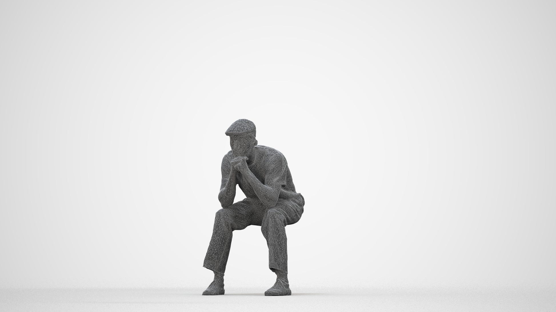 3D scanned man sitting casual, photorealistic archviz people for Enscape and SketchUp, wireframe back view