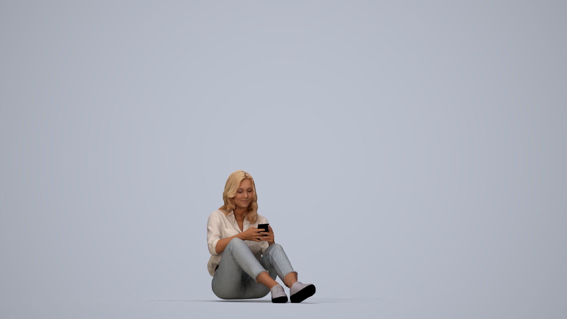 3D people model woman casual sitting, scanned human for 3ds Max rendering, top-down view render