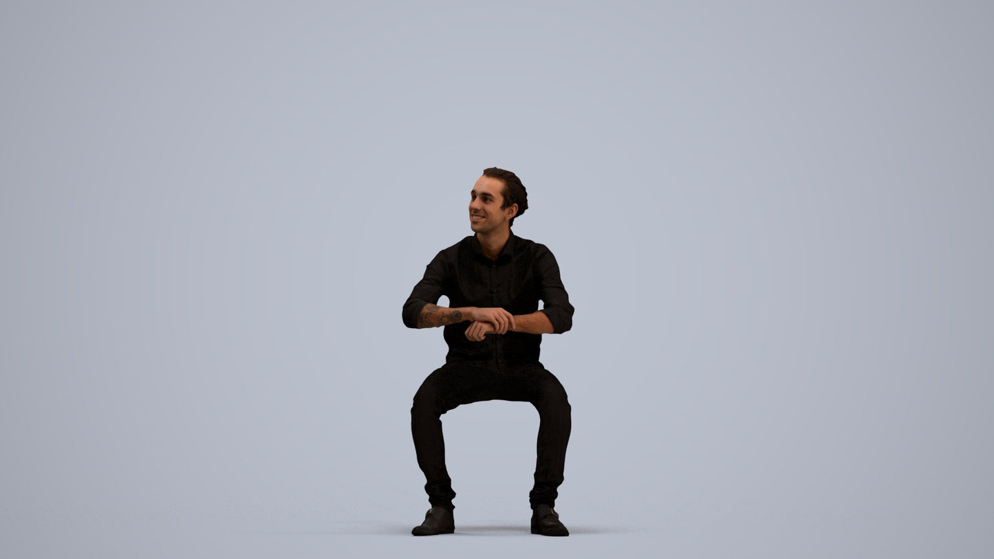 3D human model man casual sitting, photogrammetry scanned person for archviz, standing pose render