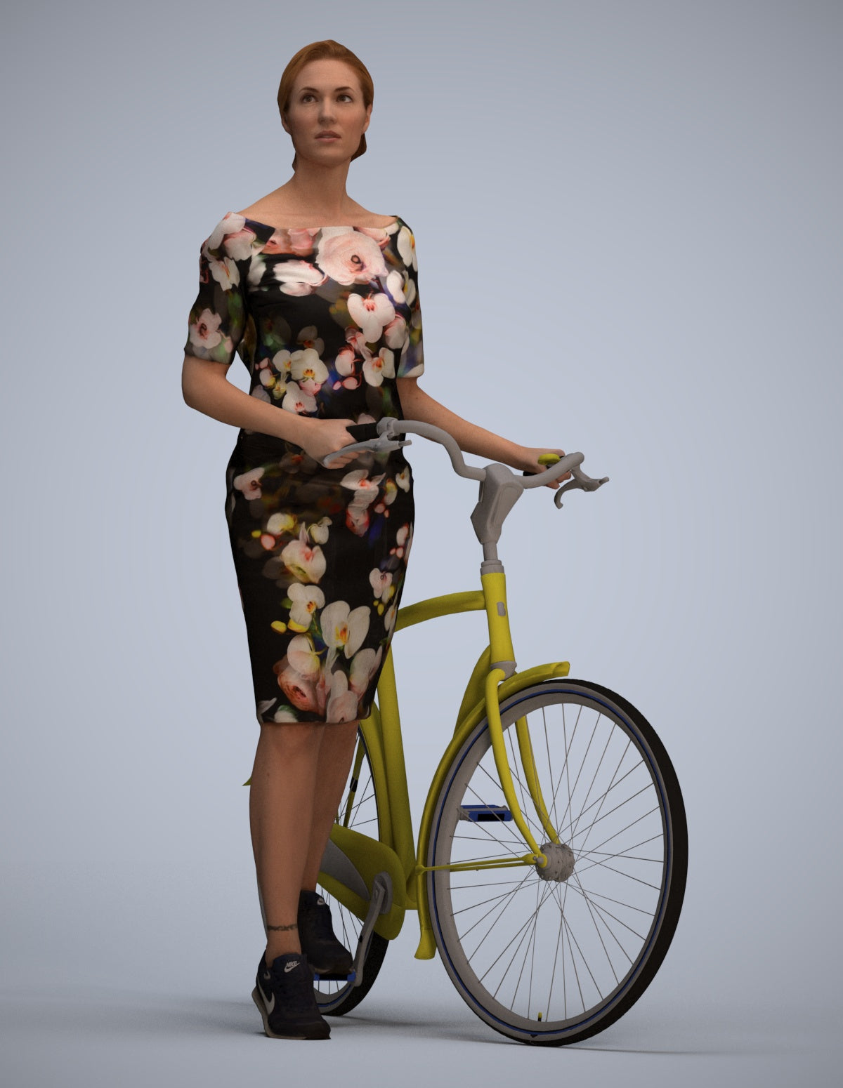 realistic 3D senior woman casual cycling, scanned archviz people for Blender and 3ds Max