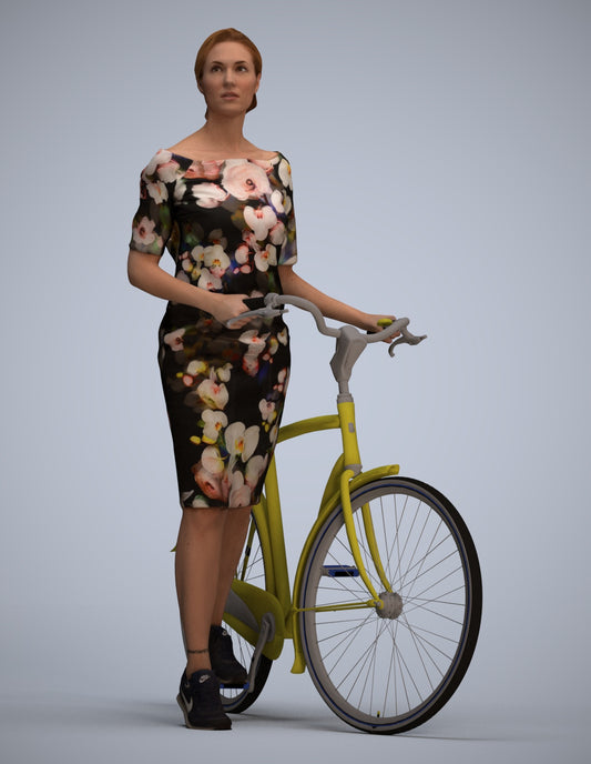 realistic 3D senior woman casual cycling, scanned archviz people for Blender and 3ds Max