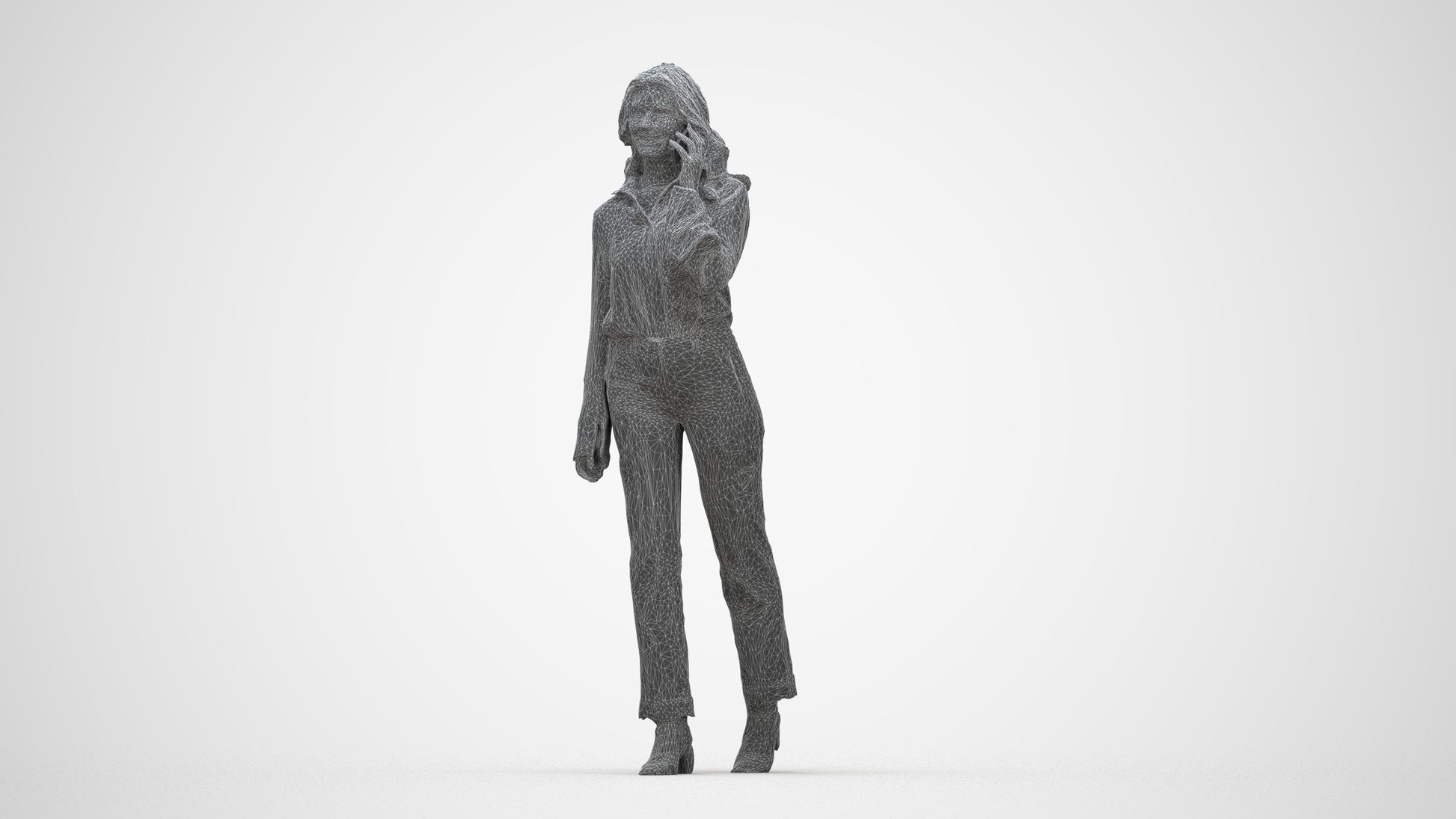 3D human model woman business, photogrammetry scanned person for archviz, wireframe back view