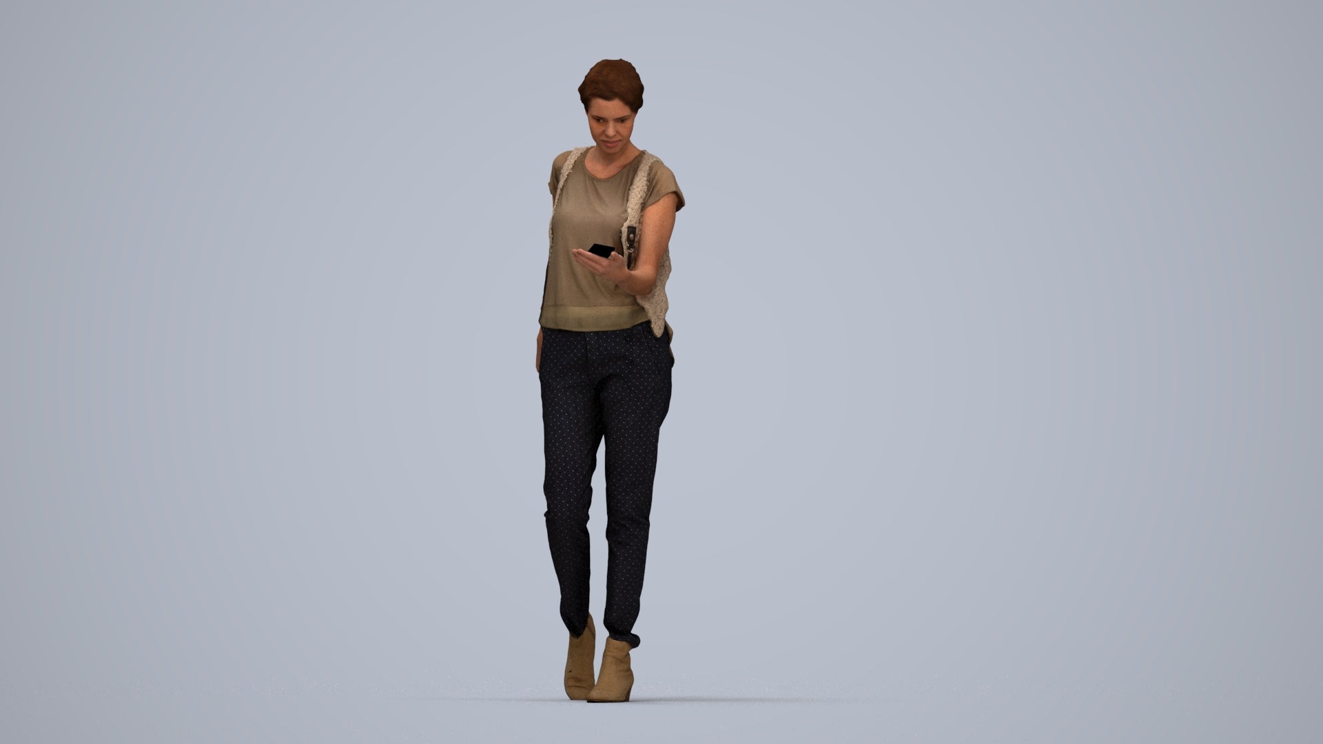 3D scanned woman standing casual, photorealistic archviz people for Enscape and SketchUp, top-down view render