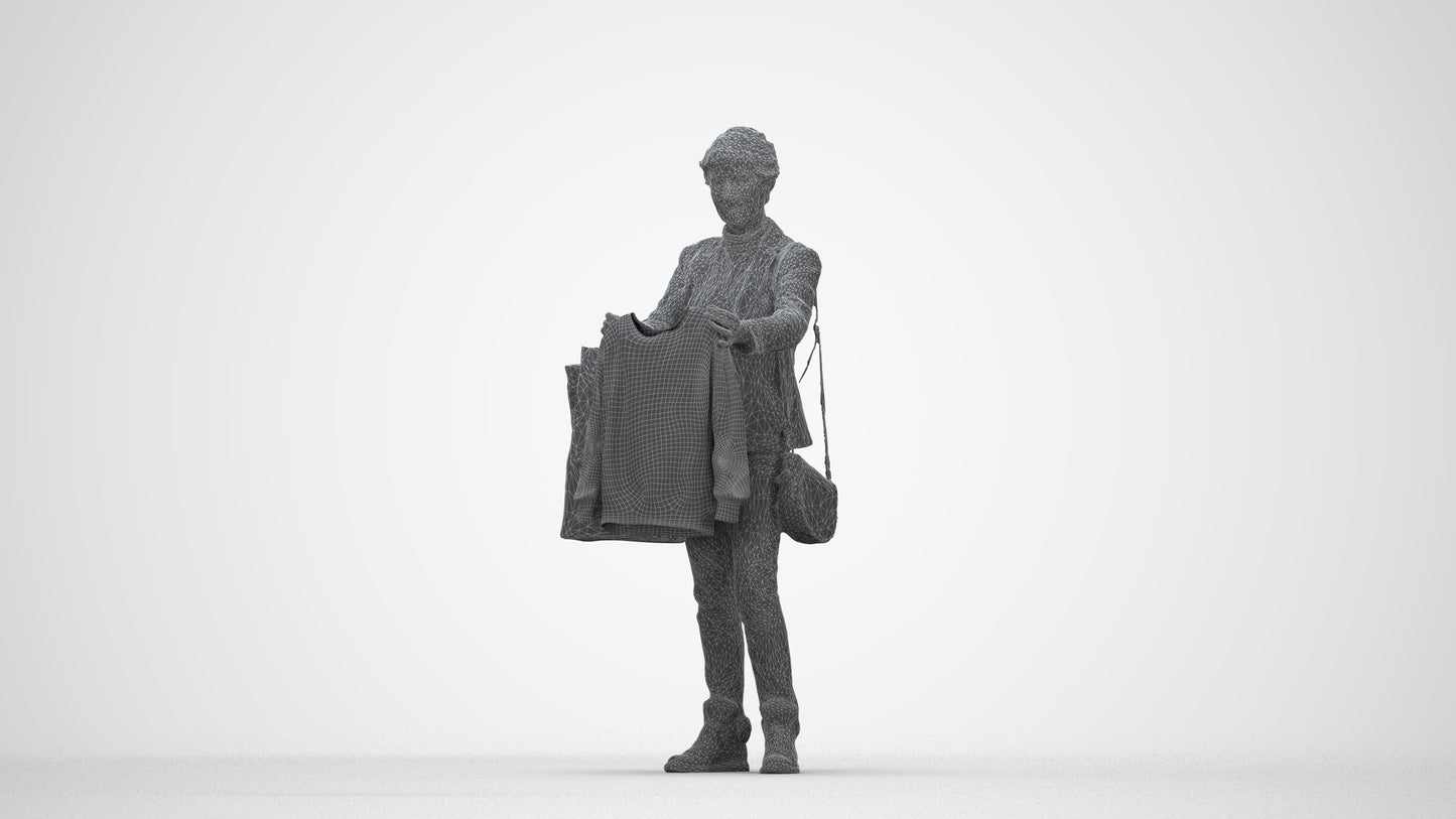 photogrammetry 3D senior woman business shopping, realistic human model archviz FBX, wireframe back view