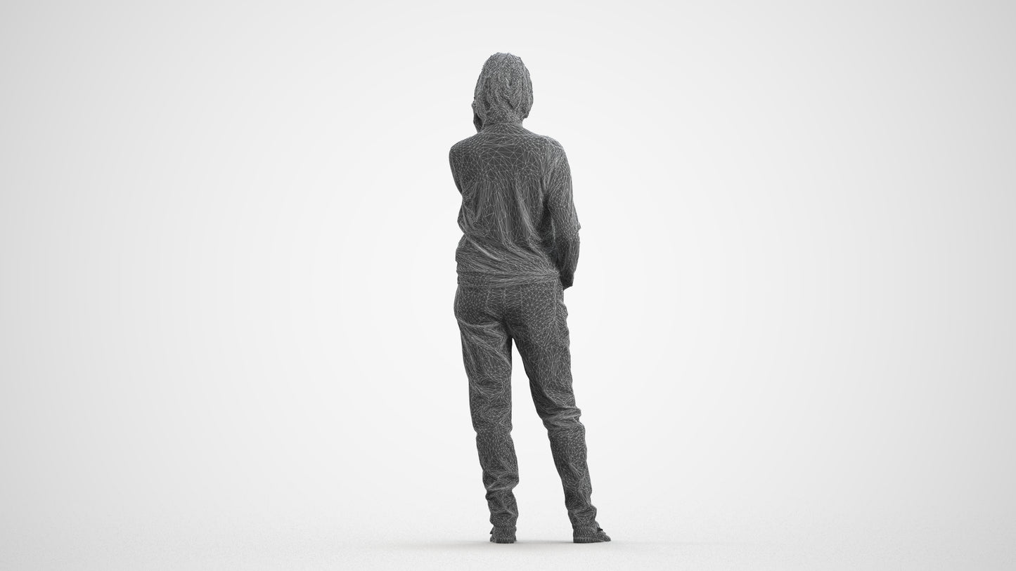 realistic 3D woman casual standing, scanned archviz people for Blender and 3ds Max, wireframe front view
