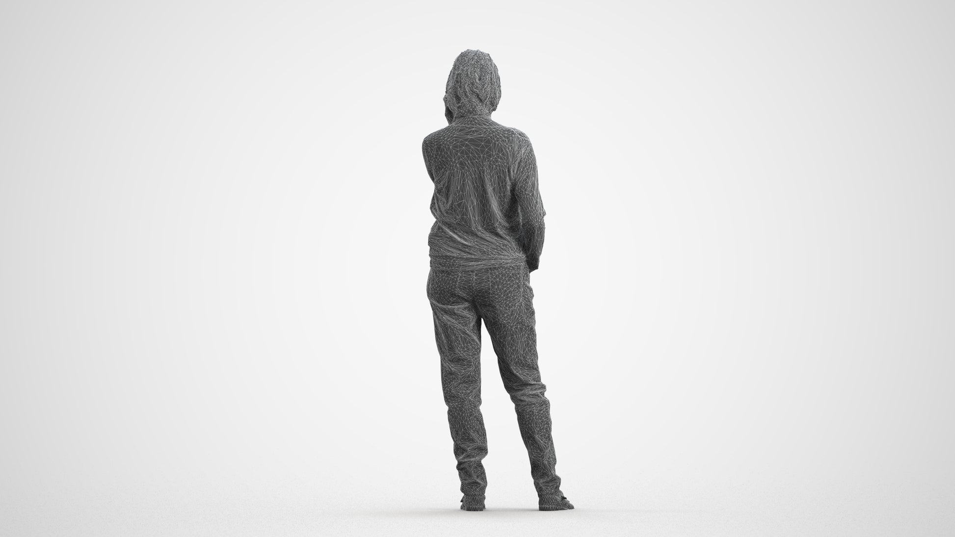 realistic 3D woman casual standing, scanned archviz people for Blender and 3ds Max, wireframe front view