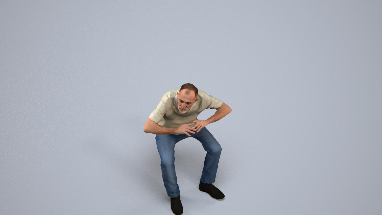 3D people model senior man casual sitting, scanned human for 3ds Max rendering, back view render