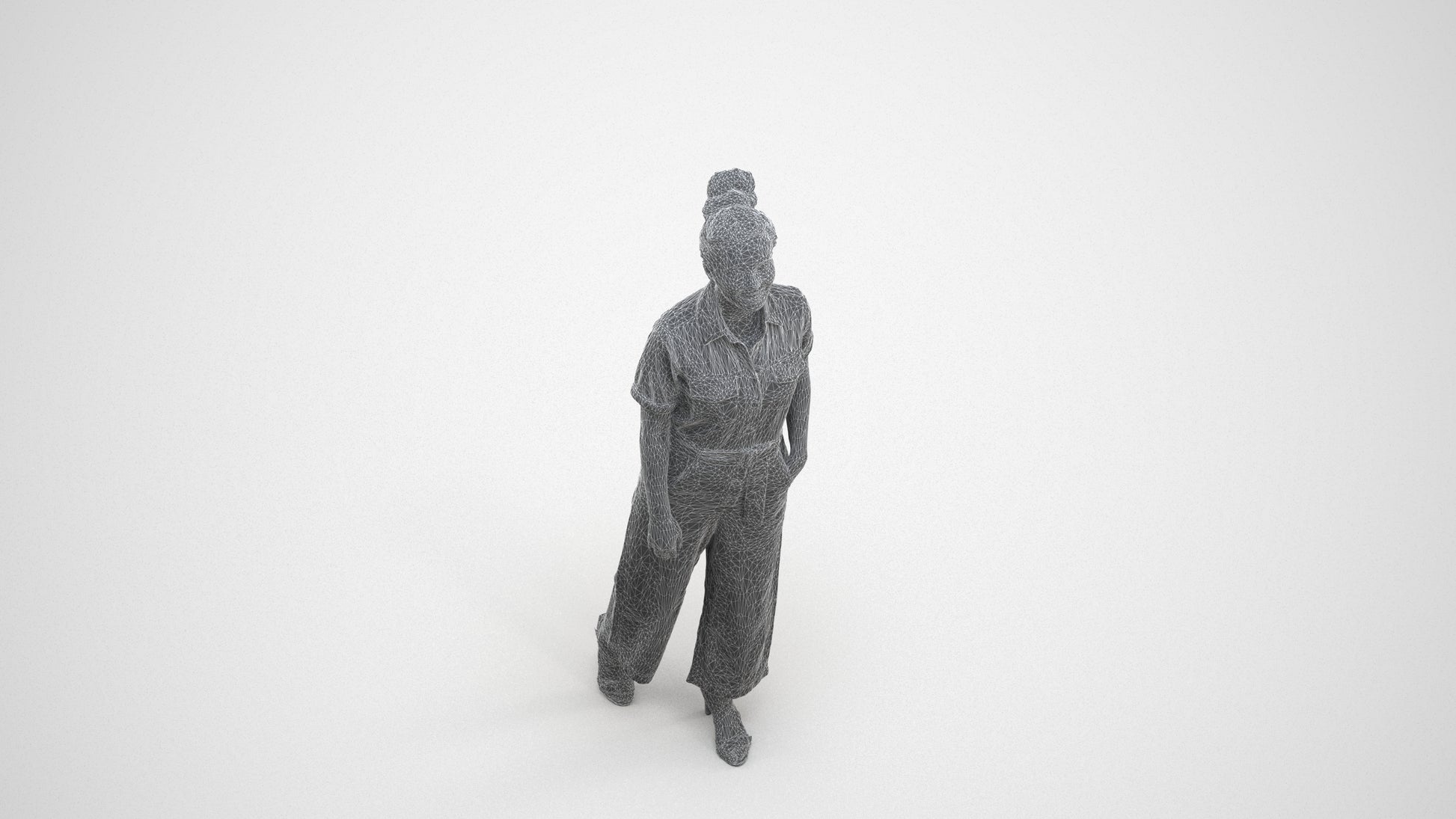 photogrammetry 3D woman formal walking, realistic human model archviz FBX, wireframe three-quarter view