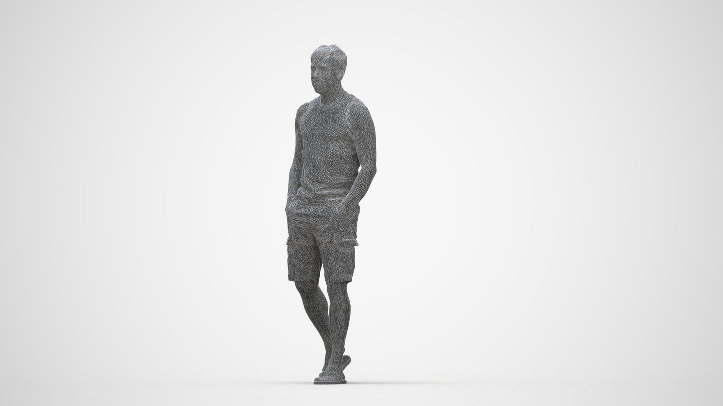 3D human model man casual walking, photogrammetry scanned person for archviz, wireframe back view