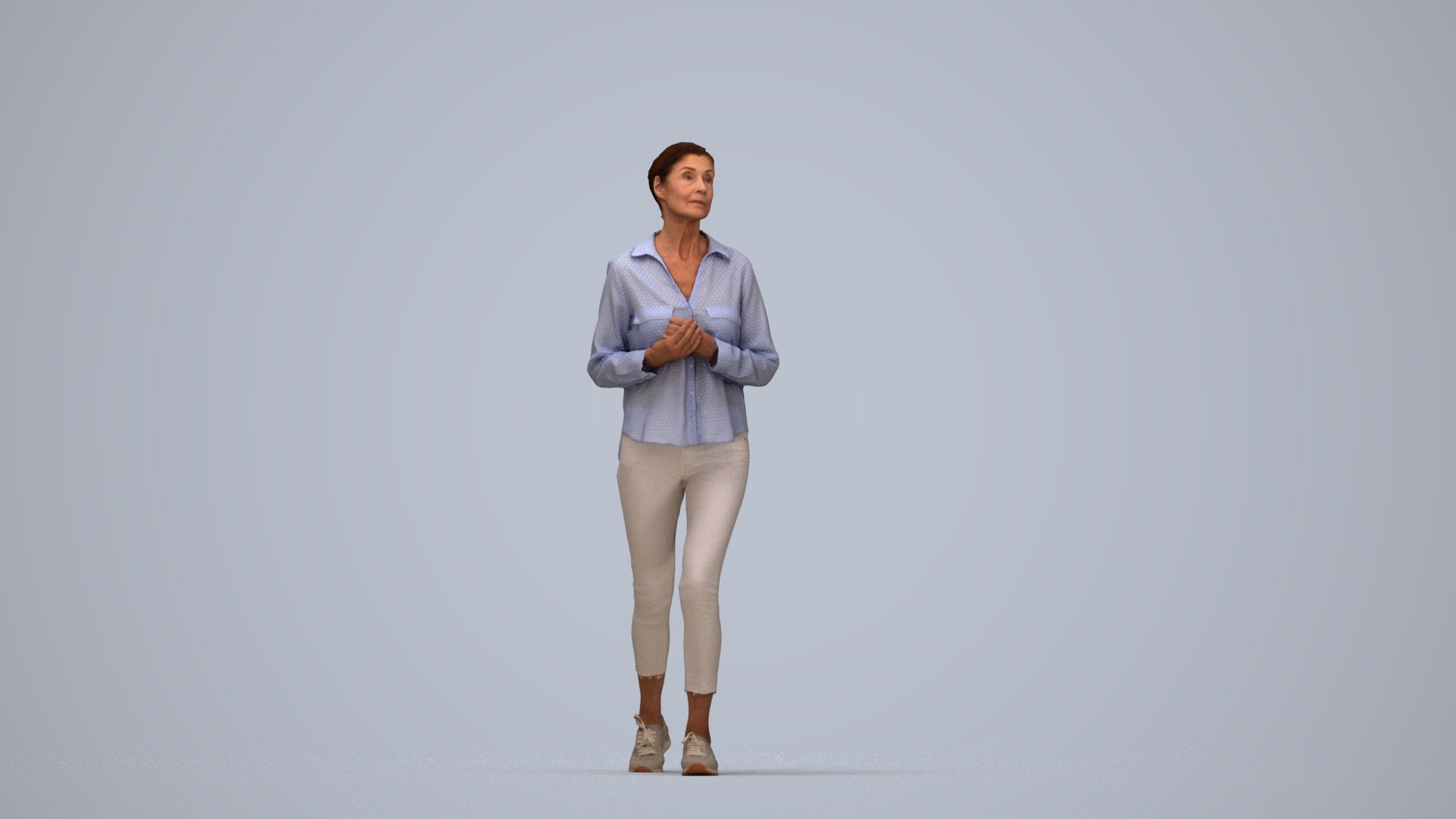 3D scanned senior woman standing casual, photorealistic archviz people for Enscape and SketchUp, top-down view render