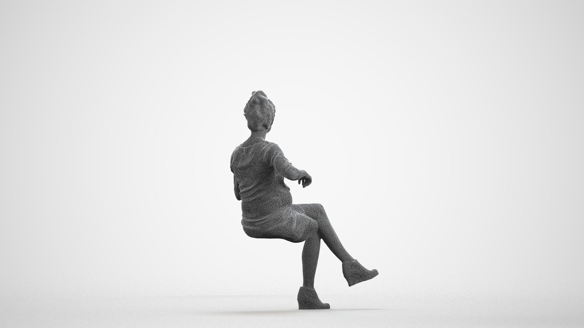 3D scanned woman sitting casual, photorealistic archviz people for Enscape and SketchUp, wireframe front view
