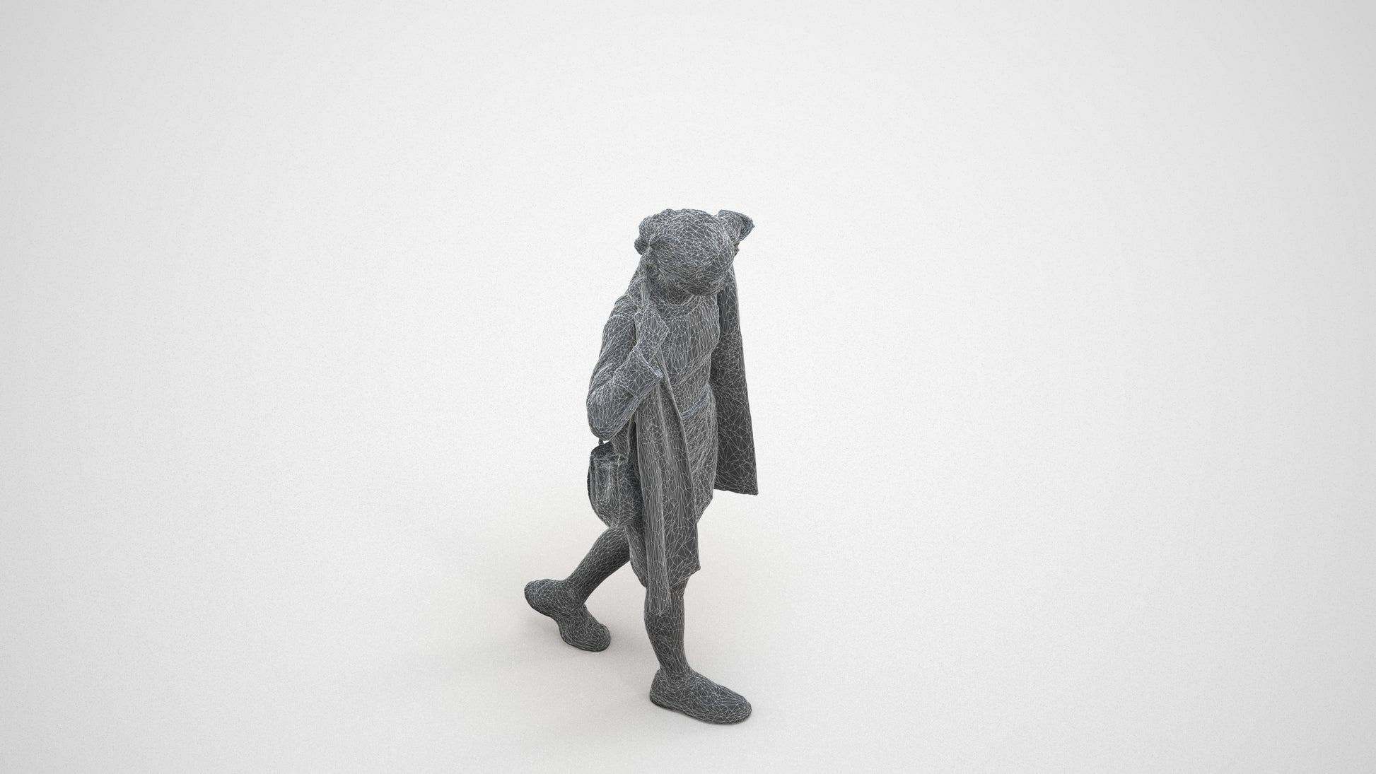 3D human model woman casual walking, photogrammetry scanned person for archviz, wireframe three-quarter view