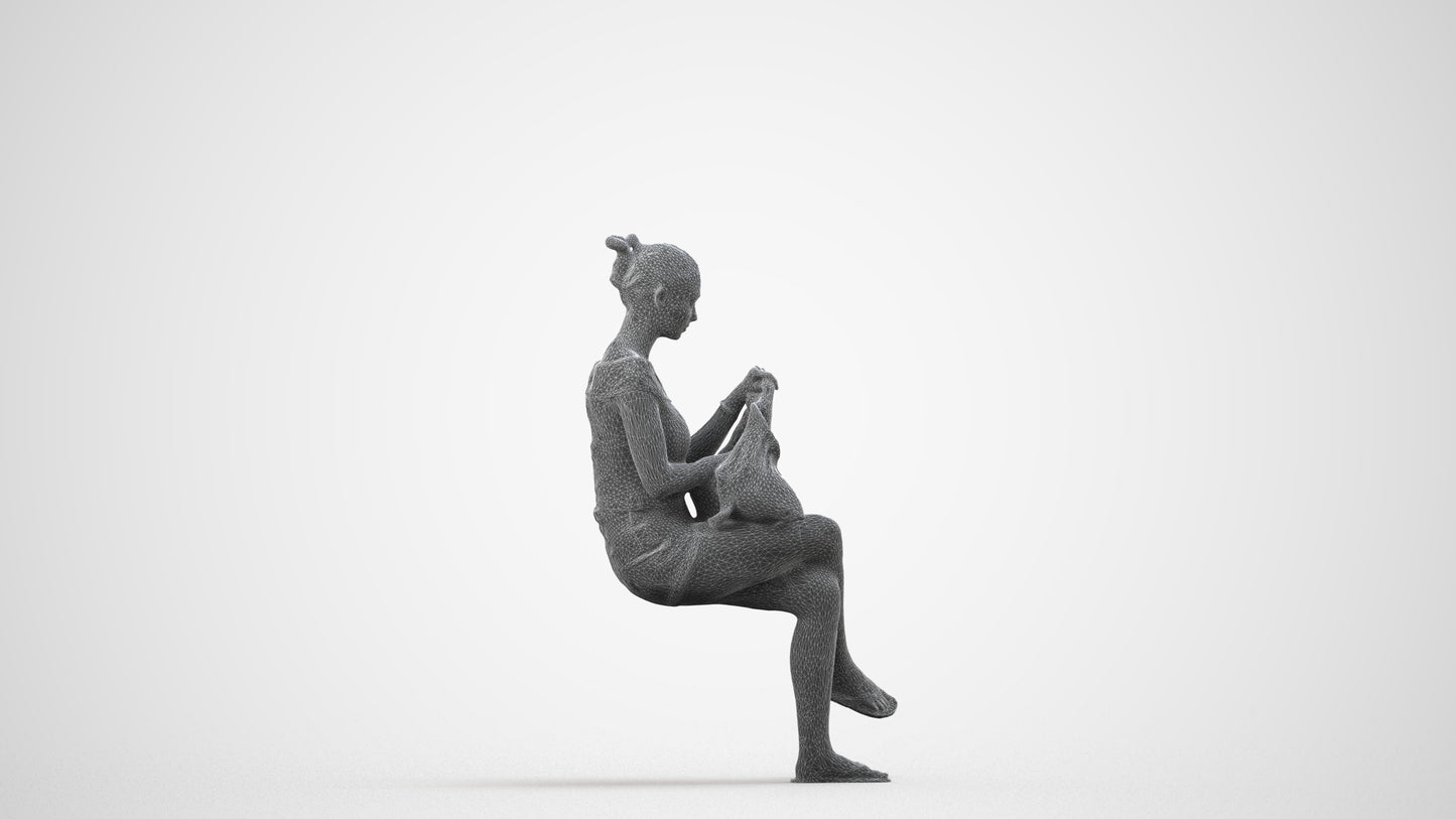 3D human model girl casual sitting, photogrammetry scanned person for archviz, wireframe side view