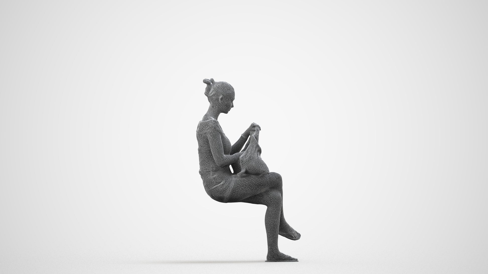 3D human model girl casual sitting, photogrammetry scanned person for archviz, wireframe side view