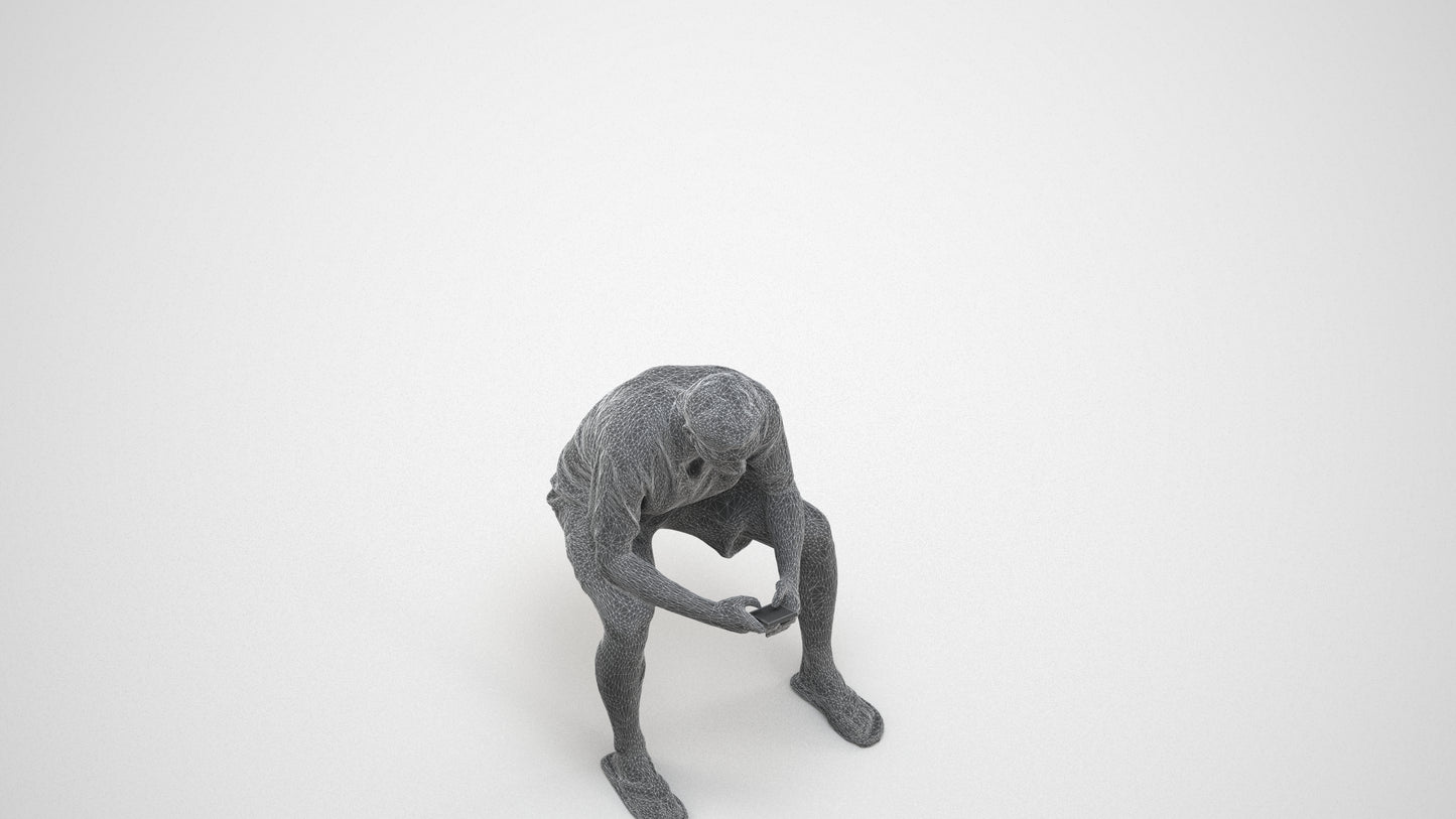 realistic 3D human man casual sitting, archviz people FBX OBJ for Blender, wireframe three-quarter view