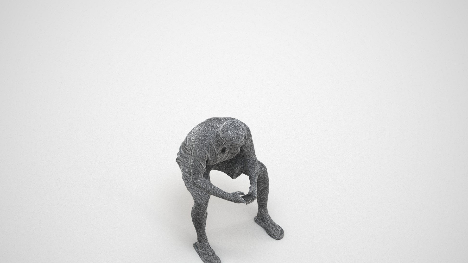 realistic 3D human man casual sitting, archviz people FBX OBJ for Blender, wireframe three-quarter view