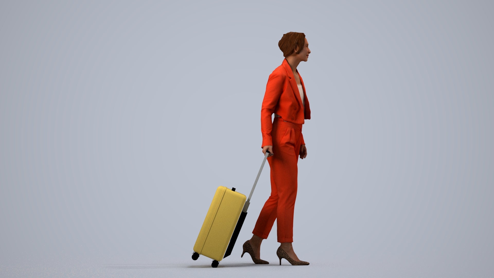 3D human model woman business, photogrammetry scanned person for archviz, side view render