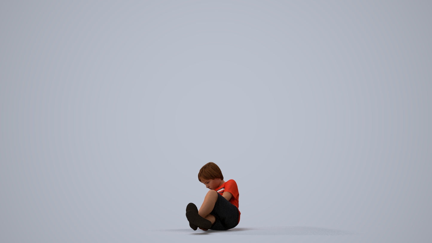 3D human model boy casual kids, photogrammetry scanned person for archviz, three-quarter view render