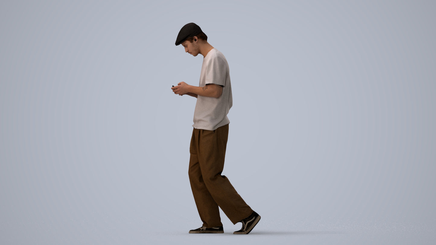 photogrammetry 3D man casual walking, realistic human model archviz FBX, three-quarter view render