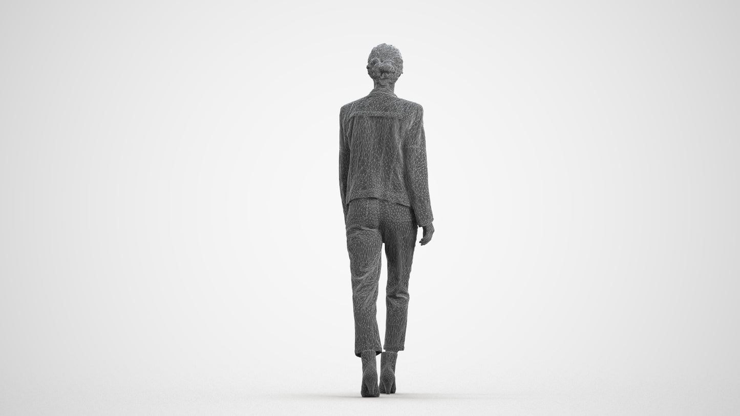 3D scanned woman walking business, photorealistic archviz people for Enscape and SketchUp, wireframe front view
