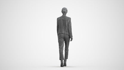 3D scanned woman walking business, photorealistic archviz people for Enscape and SketchUp, wireframe front view