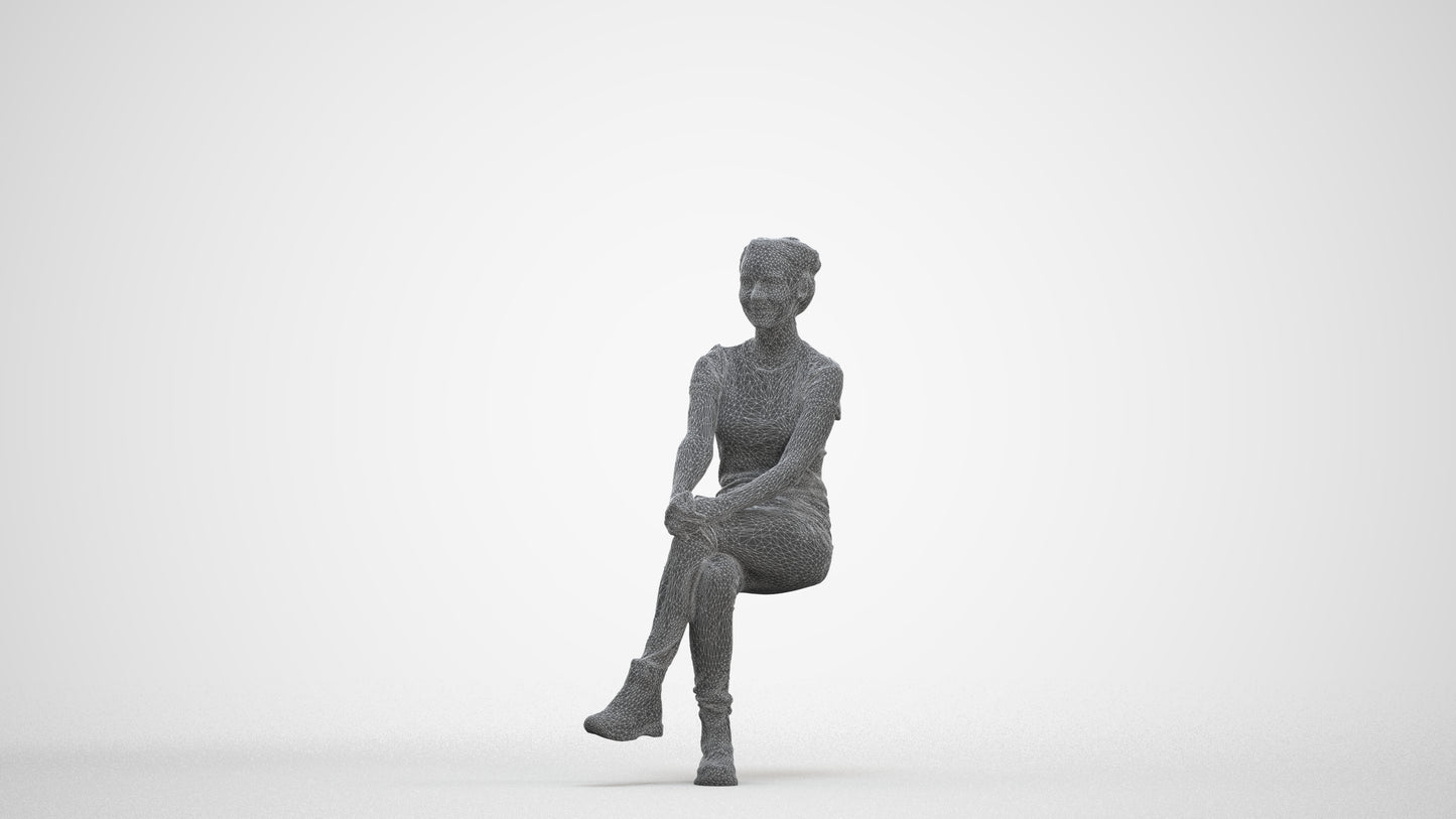 3D human model woman casual sitting, photogrammetry scanned person for archviz, three-quarter front view render