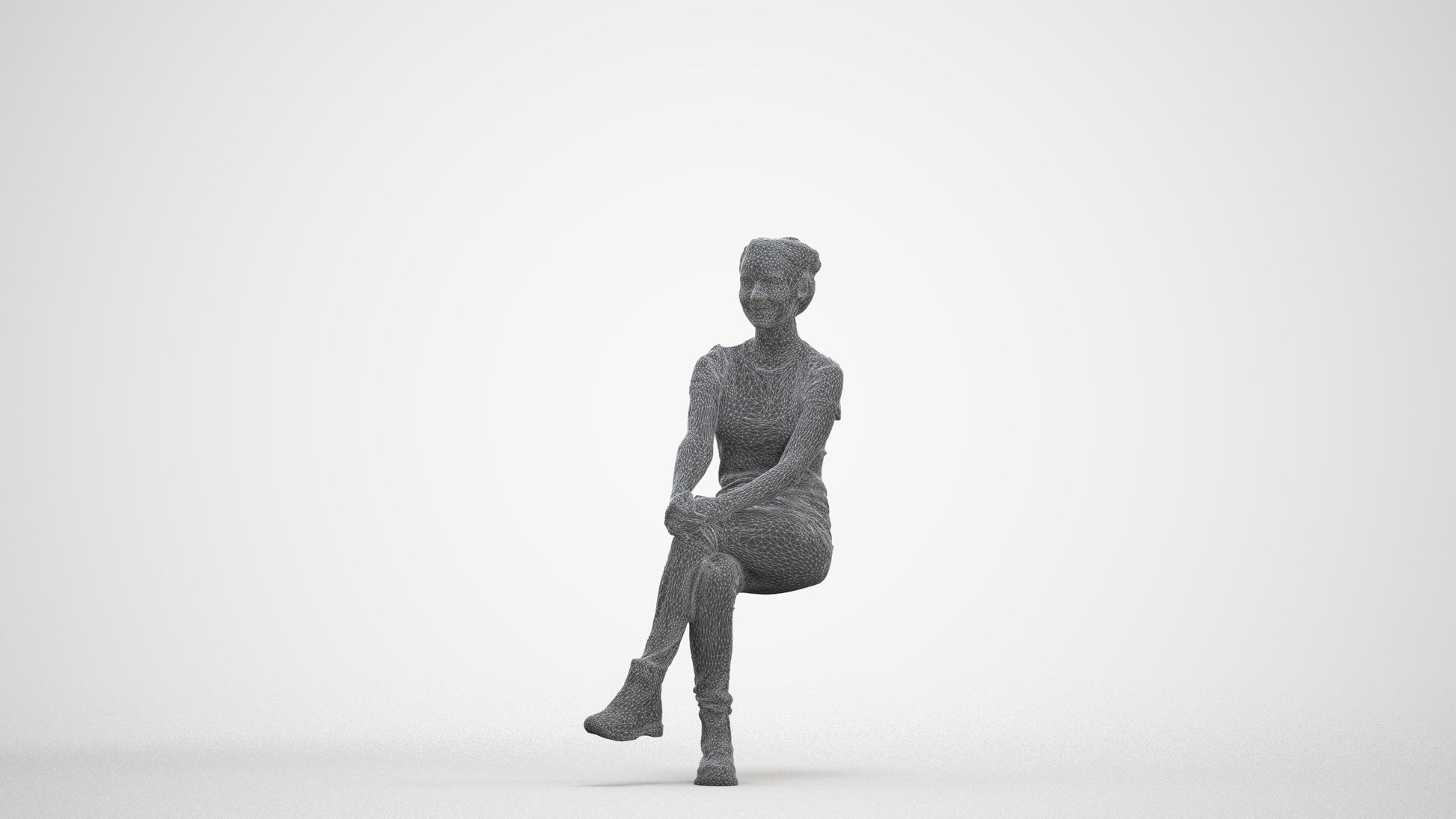 3D human model woman casual sitting, photogrammetry scanned person for archviz, three-quarter front view render